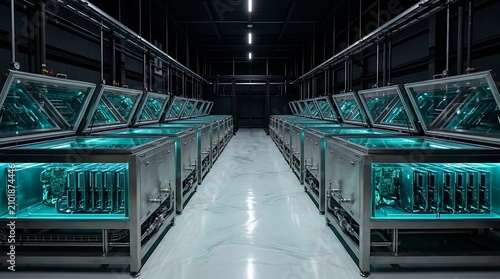 Liquid immersion cooling systems with glowing servers in a modern data center for high-performance computing and sustainable technology.