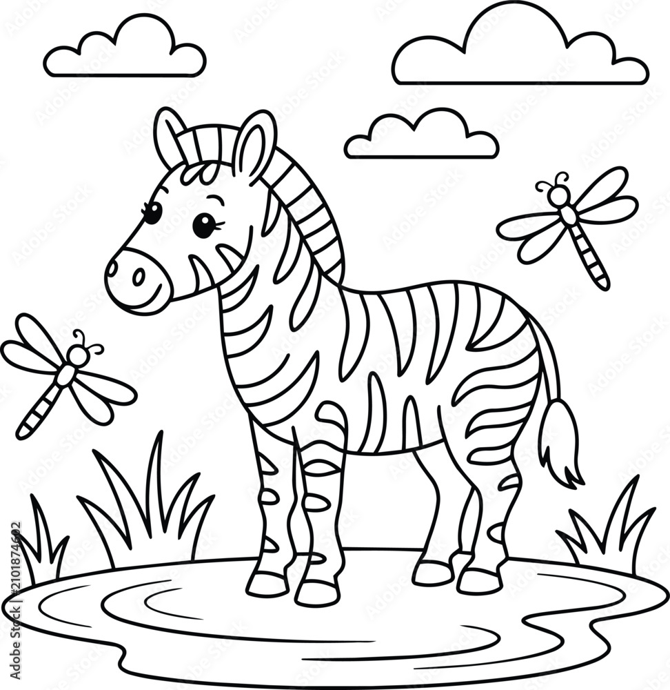 Obraz premium Cute zebra standing in meadow with dragonflies and clouds, drawing for children coloring book page featuring friendly animal and happy in outline