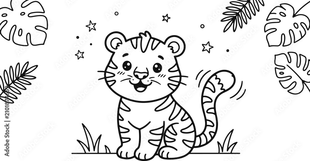 Fototapeta premium Cute baby tiger coloring page with tropical jungle leaves and stars for kids activity