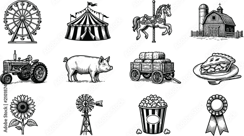 Naklejka premium Vintage Hand Drawn Engraving Style County Fair and Autumn Harvest Festival Icon Set for Amusement Park Maps, Marketing Flyers, and Web Interfaces