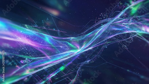 Abstract digital waves with colorful light trails and futuristic elements representing technology and innovation