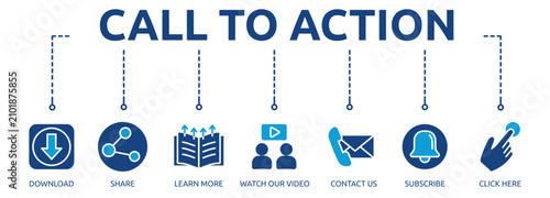 Bilde på lerret call to action glyph banner icon of download, share, learn more, watch our video