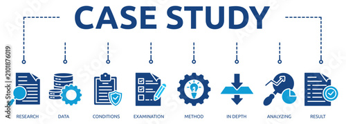 Tableau sur toile case study glyph banner icon of research, data, conditions, examination, method,