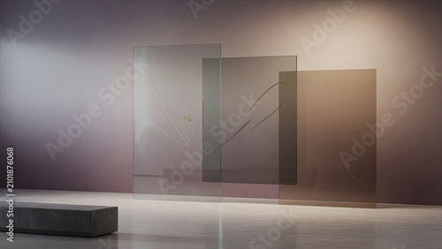 Abstract glass art installation in modern gallery with soft lighting and minimalist design