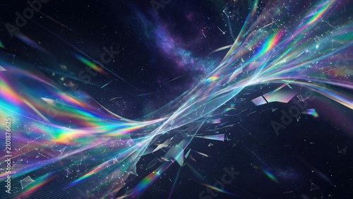Vibrant abstract light trails in a cosmic space with multicolored reflections and a starry background