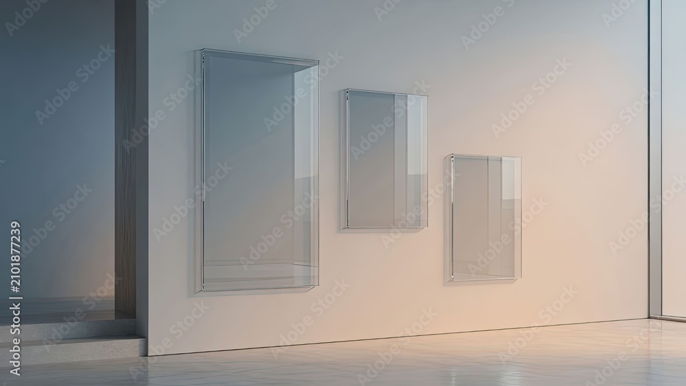 Fototapeta premium Modern display cases on a minimalist wall showcasing art and memorabilia in a contemporary space
