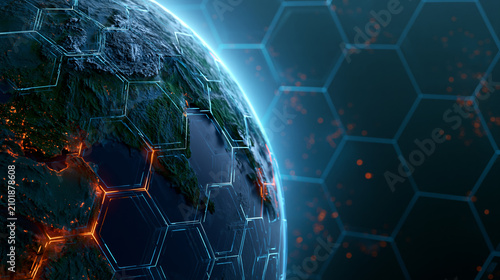 Futuristic digital Earth globe with hexagonal network overlay representing global cybersecurity and data connectivity