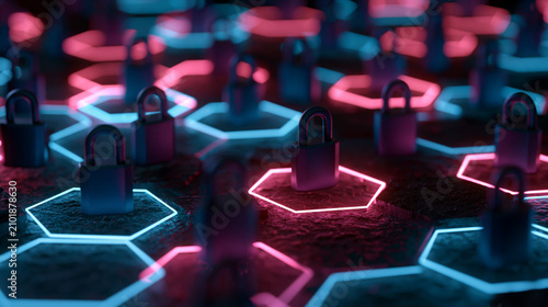 Cybersecurity network with glowing neon padlocks on hexagon grid representing data protection and blockchain security