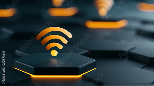 Glowing Wi‑Fi connectivity icon on hexagonal tech platform representing wireless network and internet signal