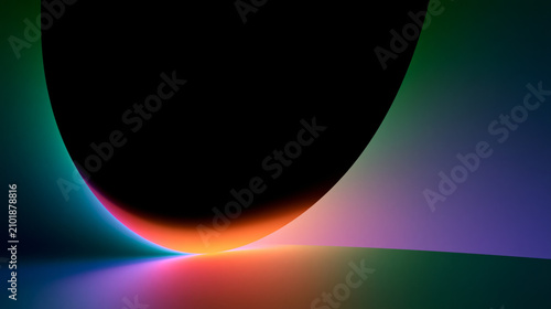 Abstract colorful glowing sphere with curved gradient reflective minimal landscape, modern futuristic neon light composition