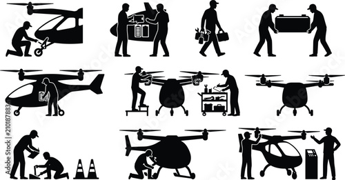 Quadro em tela Set of Professional HVAC Technician Silhouettes Performing Maintenance, Repair, and Inspection Services on Climate Control Systems