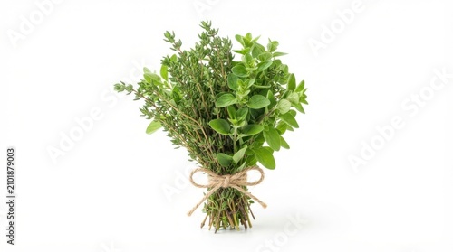 Fresh bouquet of aromatic garden herbs including thyme and oregano tied with rustic twine
