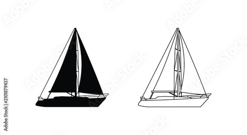 Billede på lærred Sailing Boat And Yacht Line Art Silhouette