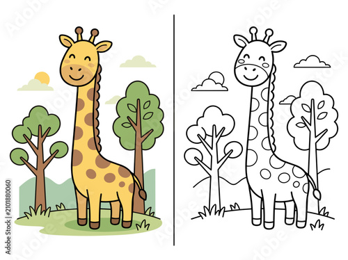 Canvas Print A cute giraffe vector illustration featuring a colorful character design alongside a simple black and white line art version for creative coloring book activity pages projects