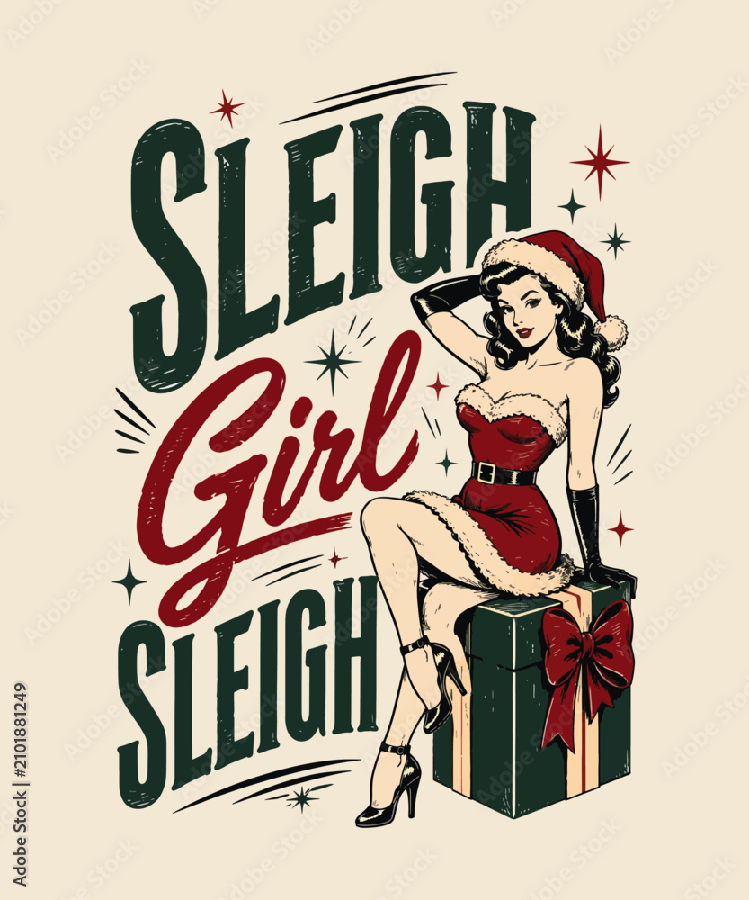 Fototapeta premium Vintage pinup girl on Christmas gift box Vintage retro Christmas t-shirt design