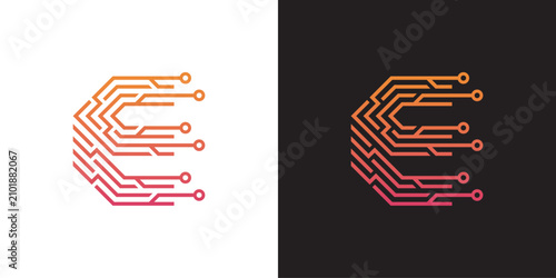 A colorful circuit board design with vibrant orange and red lines on a white and black background