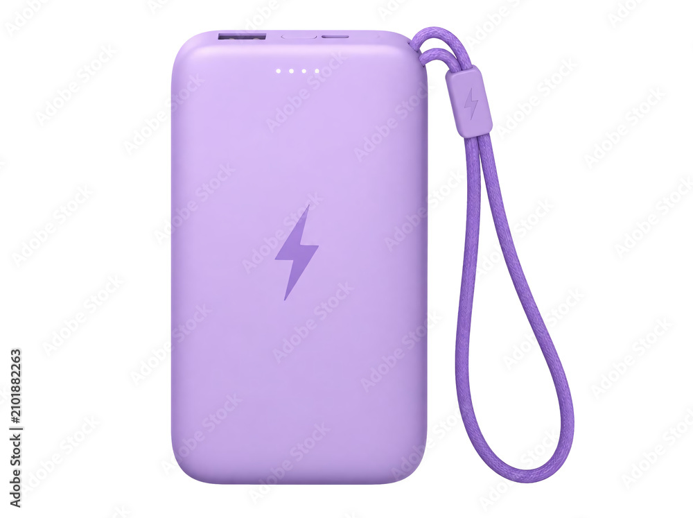 Fototapeta premium Purple portable power bank with wrist strap isolated on transparent background