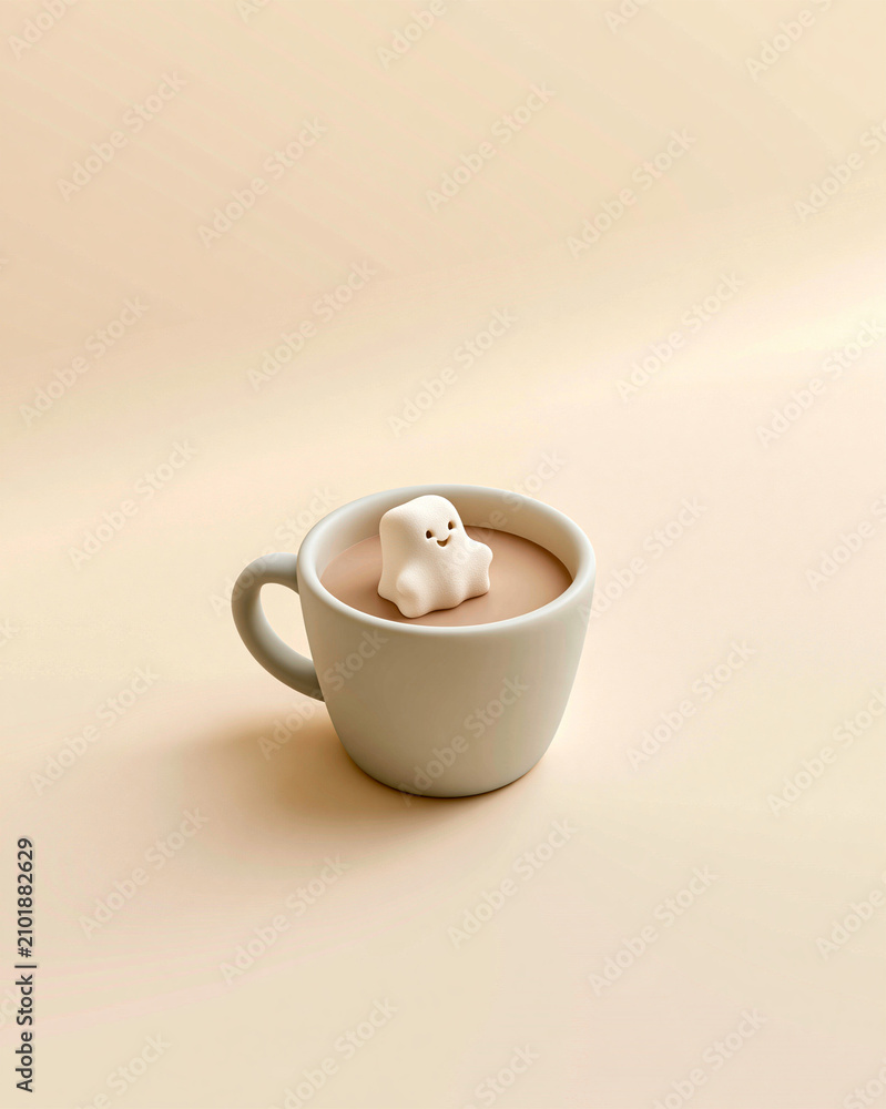 Fototapeta premium Aesthetic 3D Render of a Cozy Halloween Coffee Mug with Marshmallow Ghost 
