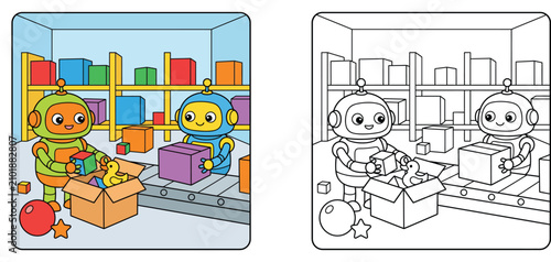 Fotografie Cute cartoon robots working in a warehouse packing boxes on conveyor belt colori