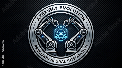 Circular Badge Featuring Robotic Arms Assembling a Glowing Neural Network Structure for Advanced Industrial Automation and Precision Engineering Technology