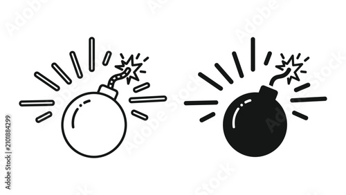 Tableau sur toile Set of cartoon bomb icons, black and white line art and silhouette style, explos