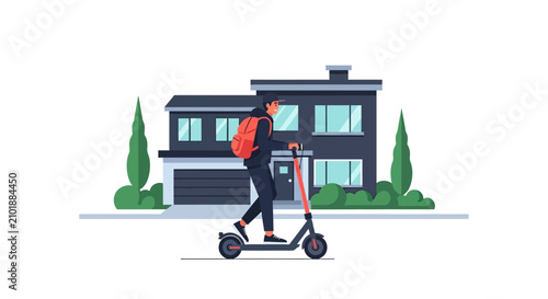 Delivery Courier Riding an Electric Scooter in Front of a Modern House Flat Vector Illustration for Food and Parcel Delivery Services