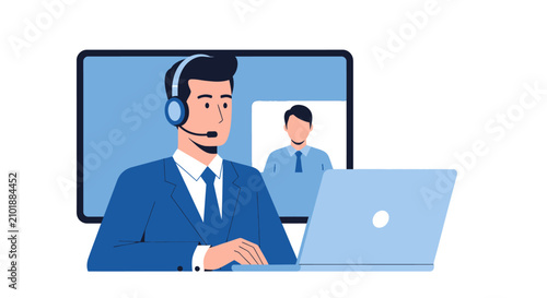 Professional Businessman wearing Headset for Video Conference Call and Online Customer Support Illustration