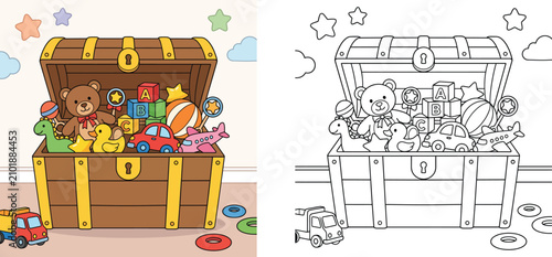 Canvastavla Kids toy chest full of toys coloring page with colored reference vector illustra