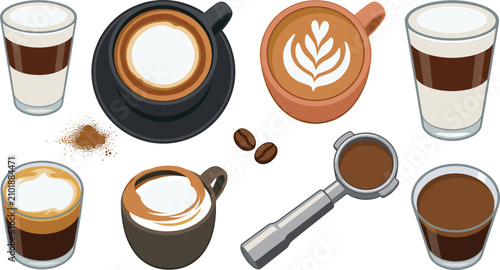 Foto Coffee Drinks Collection with Espresso, Cappuccino, Latte, Flat White, Latte Art