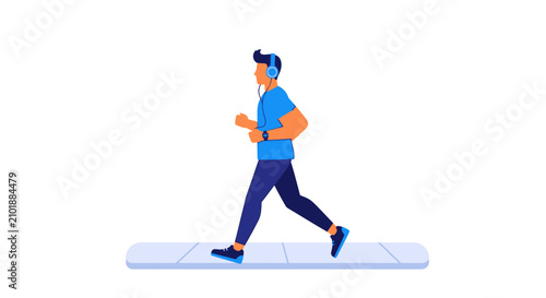 Man Running and Jogging with Headphones and Smartwatch Flat Vector Illustration. Fitness, Health, and Active Lifestyle Concept Isolated on White