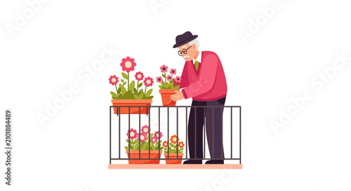 Senior Man Gardening with Potted Flowers on Apartment Balcony, Retirement Hobby Vector Illustration Isolated on White