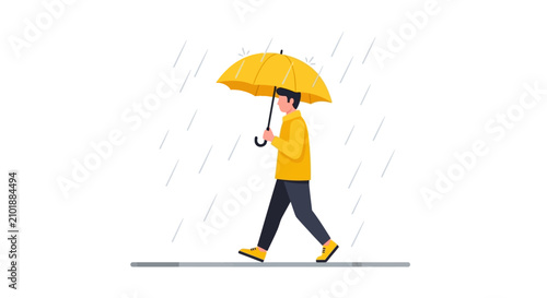 Man Walking in the Rain with a Yellow Umbrella Vector Illustration. Minimalist Flat Character Design for Rainy Day Concept and Weather Protection.