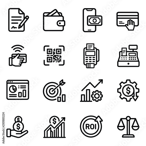 Financial and business icons Black line style Pictograms