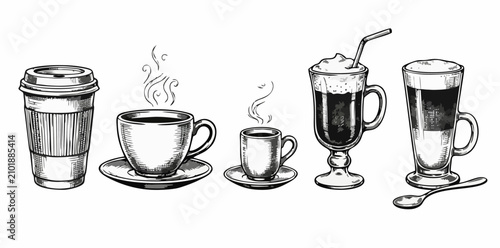 Obraz na płótnie Vintage Hand Drawn Coffee Cups Collection with Takeaway Cup Espresso Cappuccino