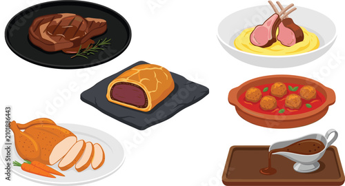 Schilderij op canvas Cooked Meat Dishes Collection with Grilled Steak, Roast Beef, Roasted Chicken, L