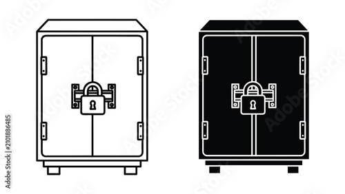 Set of two icons of a closed metal cabinet with a padlock, line art and silhouette style, vector illustration for security and storage concepts