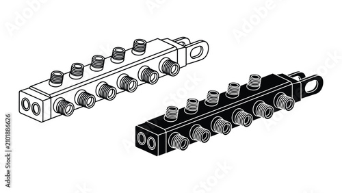 Konstfotografi Isometric view of a multiport pneumatic manifold block with threaded connectors
