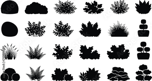 Collection of various bush and shrub silhouettes for landscape design and garden architecture plans
