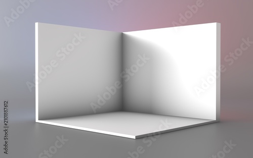 Booth 3d corner. Square corner. 3D exhibition booth. Showroom. Empty geometric square. Blank box template. White blank exhibition stand. Presentation event room.