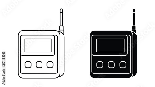 Photos Set of two walkie talkie icons, outline and solid style, communication device fo