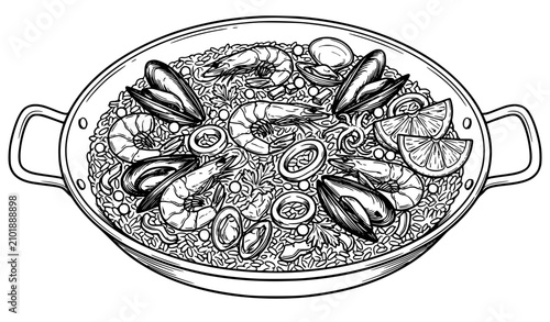 Traditional seafood paella line art vector illustration with shrimp mussels squid and peas isolated on white background