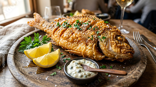 Fried whole fish served on a wooden plate. Crispy seafood dish with lemon and tartar sauce.