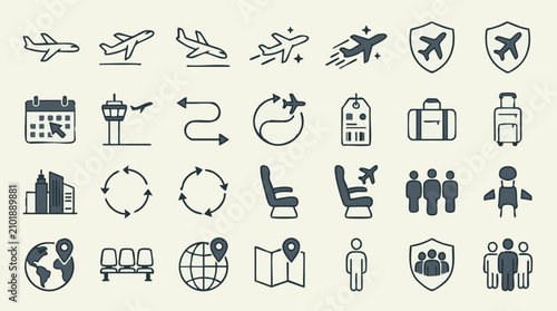 Bild auf Leinwand Aviation and travel icon set with aircraft, airport, and luggage symbols