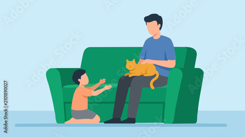 Father and son with pet cat at home, flat illustration