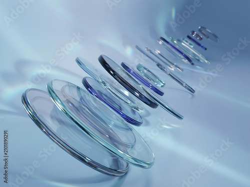 Transparent optical glass lenses stacked in a professional laboratory setting with transparency refraction laboratory scientific precision industrial engineering material