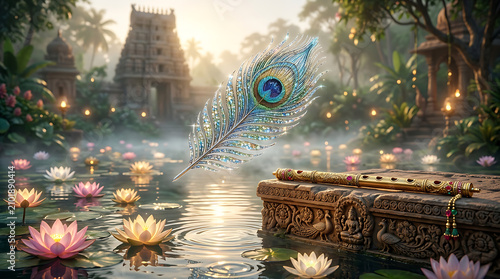Peacock feather floating over lotus pond. Magical Indian temple background with water lilies.