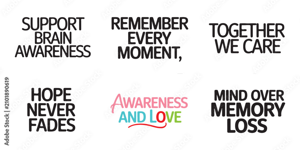 Fototapeta premium Brain awareness memory support quotes lettering designs collection for health education design projects.