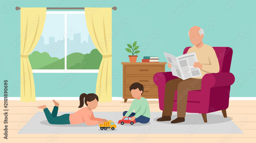 Fototapeta premium Grandfather reading and children playing with toys in a cozy living room