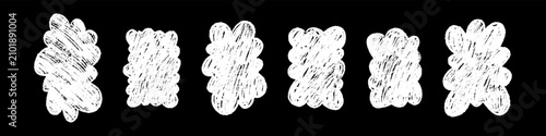 Set of black grunge pencil fluffy cloud shape sketch. Doodle crayon paint brush emo goth tex box drawing. Chalk textured speech bubbles. Childish stickers, frames, stamps for scrapbook designs