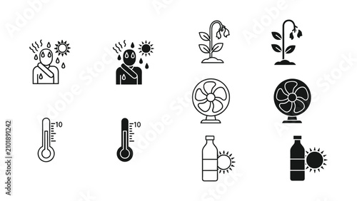 Quadro su tela Heat wave and hot weather icons set, including sweating person, wilted plant, el